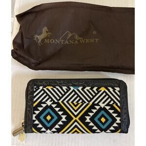 Montana West Wallet Womens Aztec Tapestry Zip Around Black Tooled Trim NEW NWT